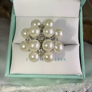 Faux Pearl and Rhinestone Silver Statement Ring